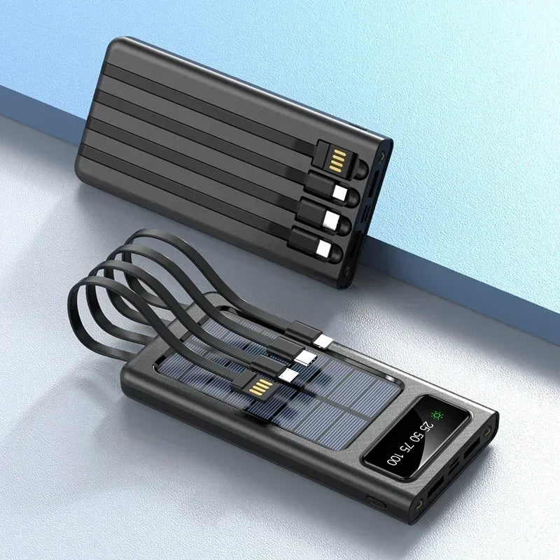 200000mAh Solar Power Bank Large Capacity Mobile Power Fast Charging Battery With Dual USB 4 Cables For iPhone Samsung