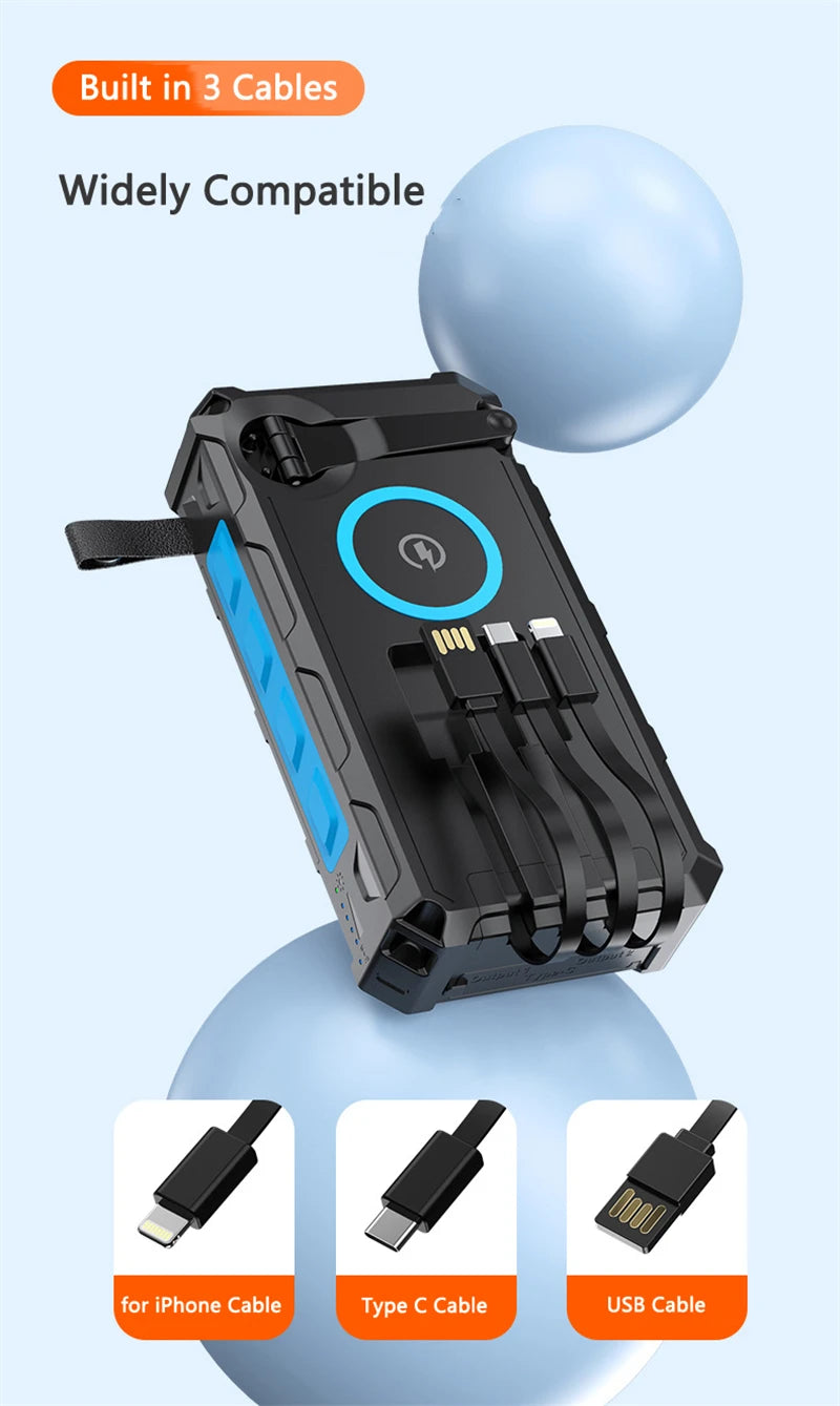 Hand Crank Solar Power Bank 20000mAh with 4 Solar Panel Wireless Charger Powerbank for iPhone 15 Huawei Xiaomi Samsung Poverbank