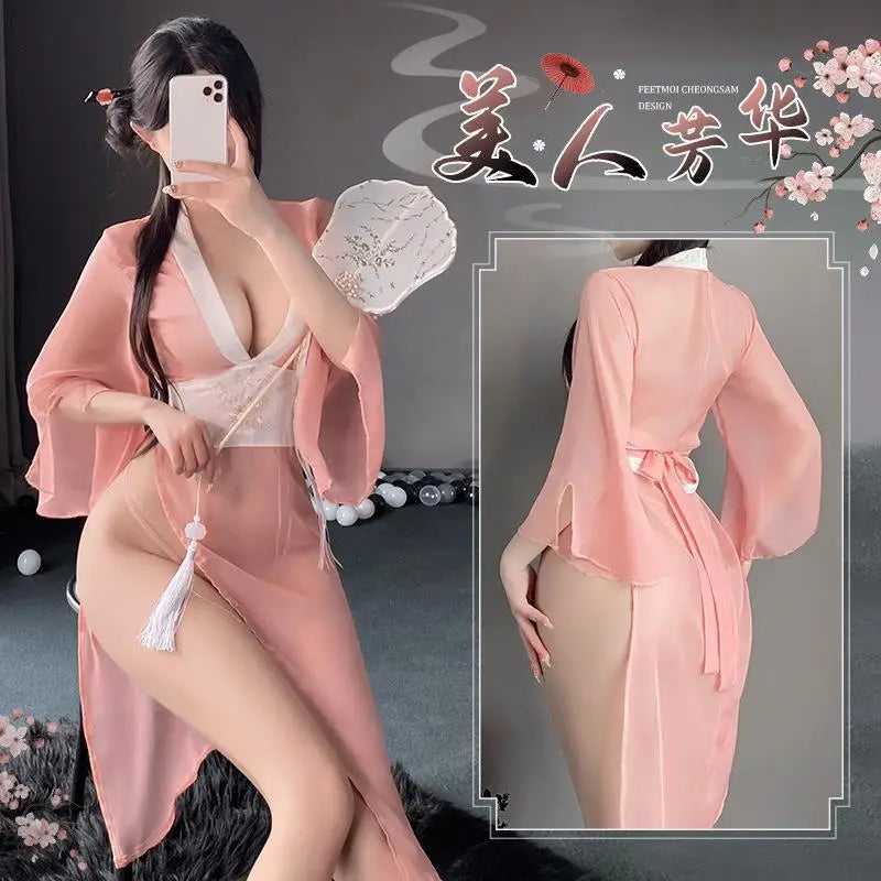 Sexy Hanfu Cosplay Costumes Deep V Erotic Dresses See-through Women Elegant Pink Chinese Antique-Style Lingerie Bed Temptation