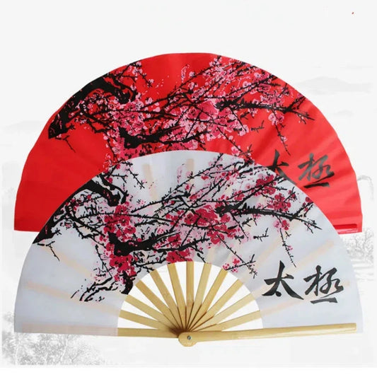 Chinese Tai Chi Kung Fu Fan Classical Bamboo Ribs Plum Blossom Hand Fan Chinese Red Art Performance Folk Dance Folding Ring Fan