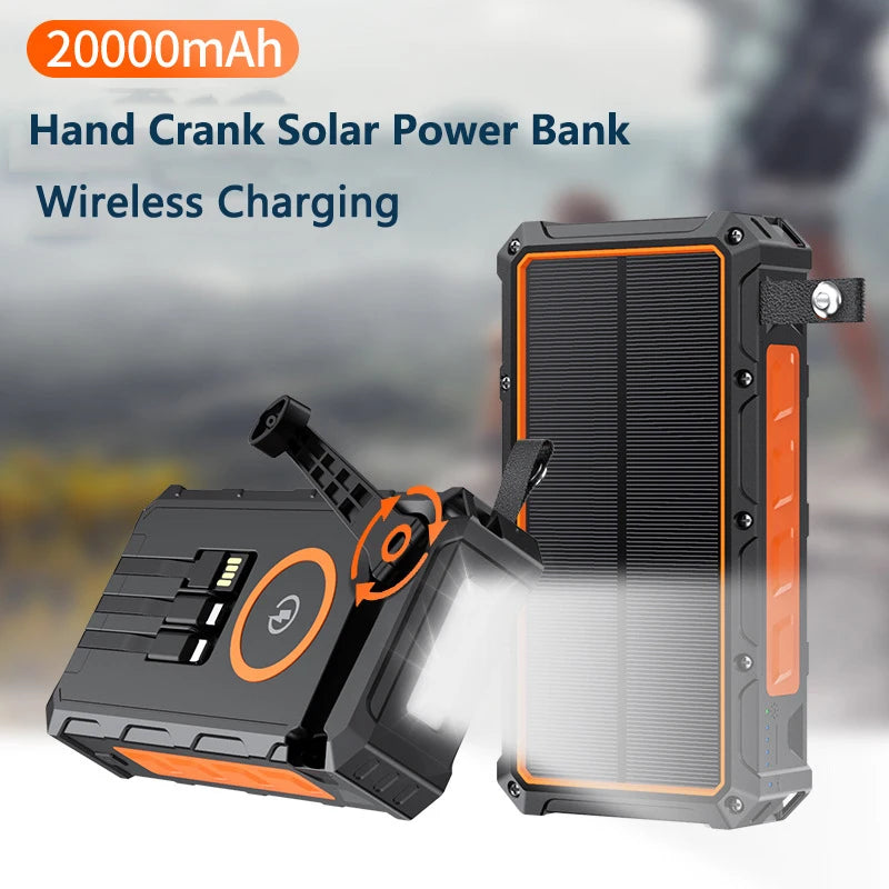 Hand Crank Solar Power Bank 20000mAh with 4 Solar Panel Wireless Charger Powerbank for iPhone 15 Huawei Xiaomi Samsung Poverbank