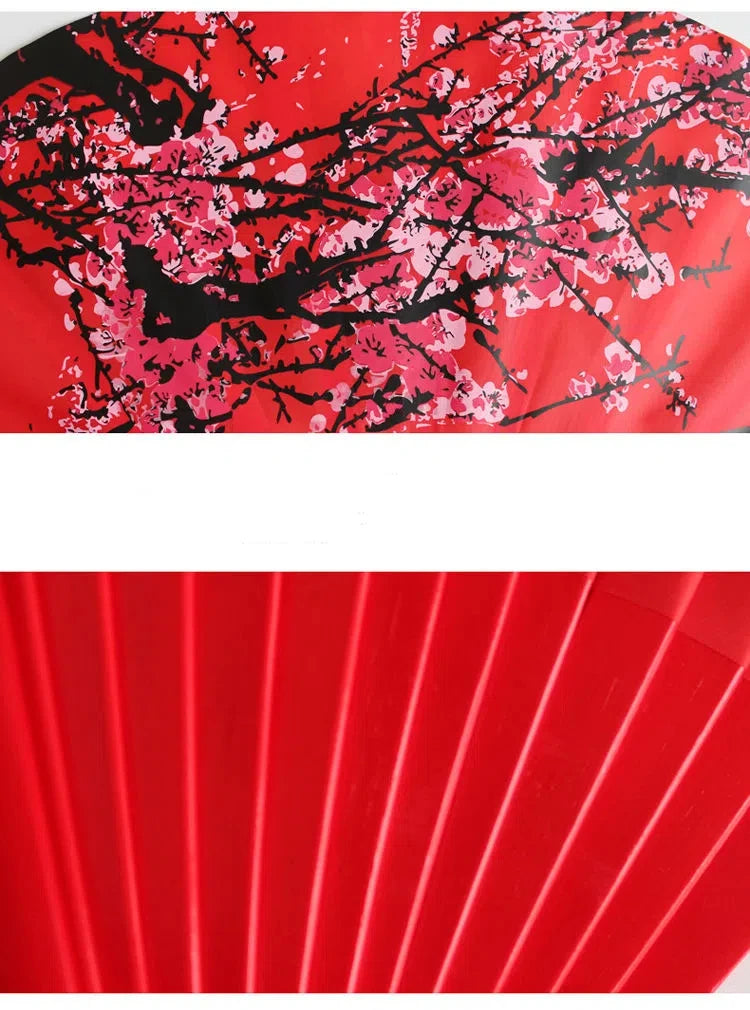 Chinese Tai Chi Kung Fu Fan Classical Bamboo Ribs Plum Blossom Hand Fan Chinese Red Art Performance Folk Dance Folding Ring Fan