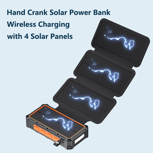 Hand Crank Solar Power Bank 20000mAh with 4 Solar Panel Wireless Charger Powerbank for iPhone 15 Huawei Xiaomi Samsung Poverbank