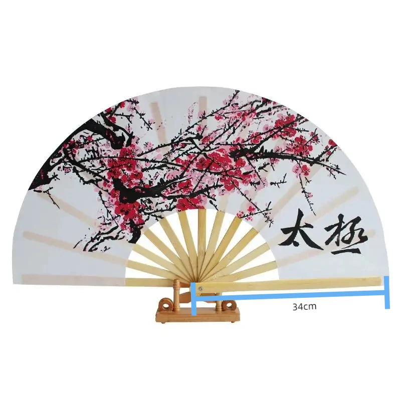 Chinese Tai Chi Kung Fu Fan Classical Bamboo Ribs Plum Blossom Hand Fan Chinese Red Art Performance Folk Dance Folding Ring Fan