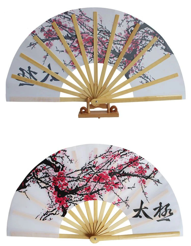 Chinese Tai Chi Kung Fu Fan Classical Bamboo Ribs Plum Blossom Hand Fan Chinese Red Art Performance Folk Dance Folding Ring Fan