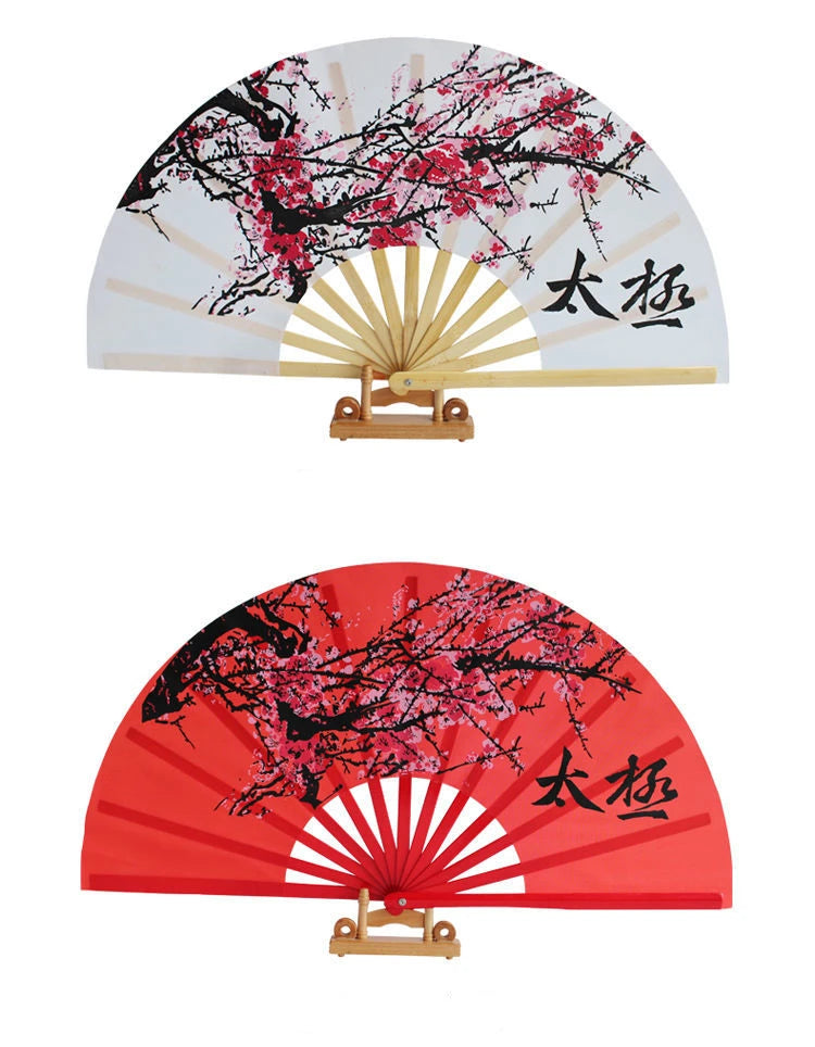 Chinese Tai Chi Kung Fu Fan Classical Bamboo Ribs Plum Blossom Hand Fan Chinese Red Art Performance Folk Dance Folding Ring Fan