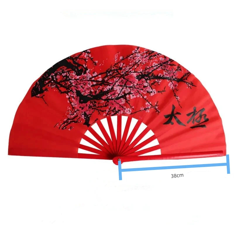 Chinese Tai Chi Kung Fu Fan Classical Bamboo Ribs Plum Blossom Hand Fan Chinese Red Art Performance Folk Dance Folding Ring Fan