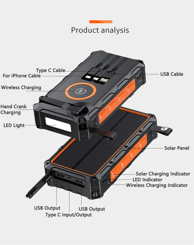 Hand Crank Solar Power Bank 20000mAh with 4 Solar Panel Wireless Charger Powerbank for iPhone 15 Huawei Xiaomi Samsung Poverbank