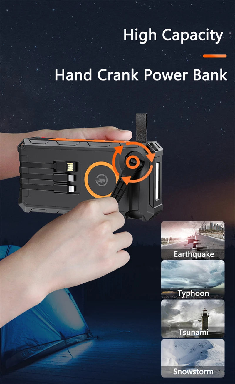 Hand Crank Solar Power Bank 20000mAh with 4 Solar Panel Wireless Charger Powerbank for iPhone 15 Huawei Xiaomi Samsung Poverbank