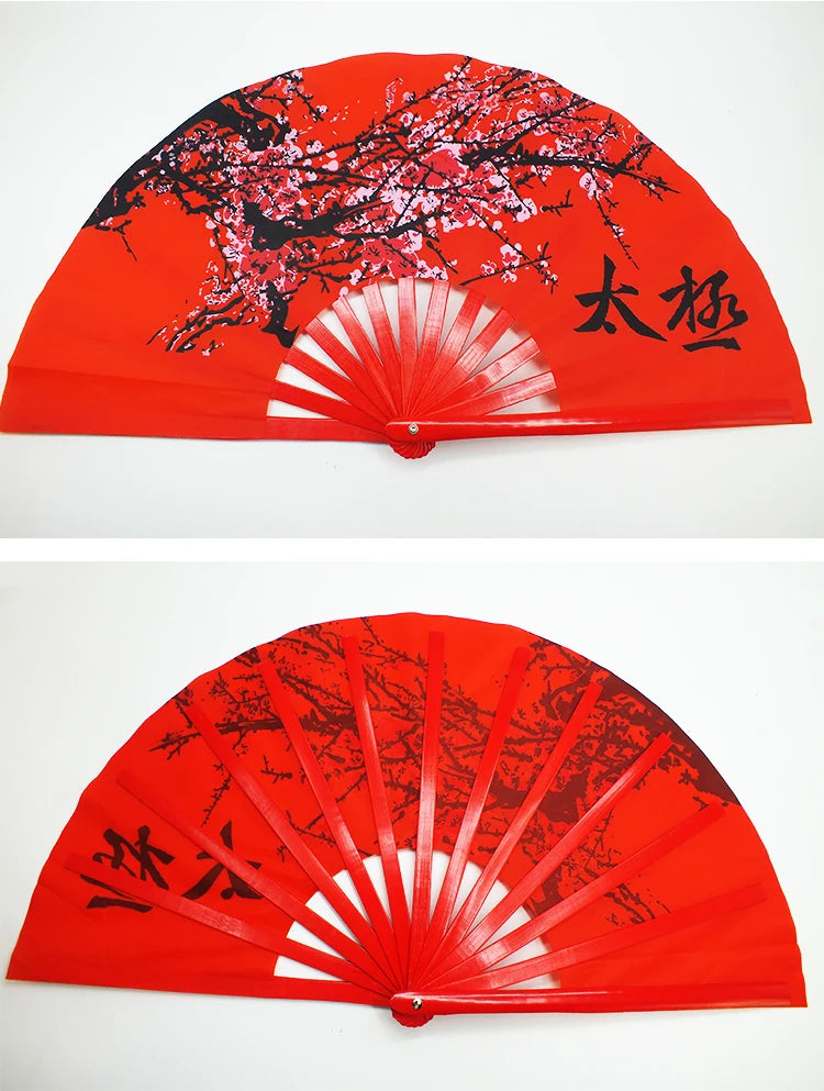 Chinese Tai Chi Kung Fu Fan Classical Bamboo Ribs Plum Blossom Hand Fan Chinese Red Art Performance Folk Dance Folding Ring Fan