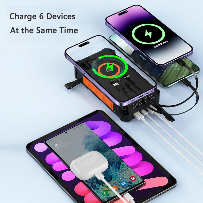 Hand Crank Solar Power Bank 20000mAh with 4 Solar Panel Wireless Charger Powerbank for iPhone 15 Huawei Xiaomi Samsung Poverbank