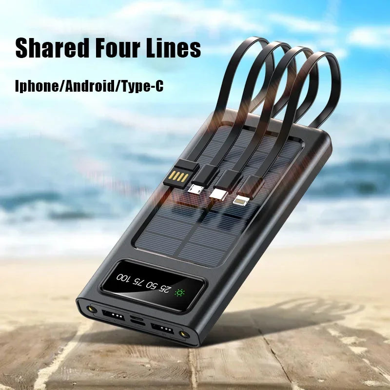 200000mAh Solar Power Bank Large Capacity Mobile Power Fast Charging Battery With Dual USB 4 Cables For iPhone Samsung