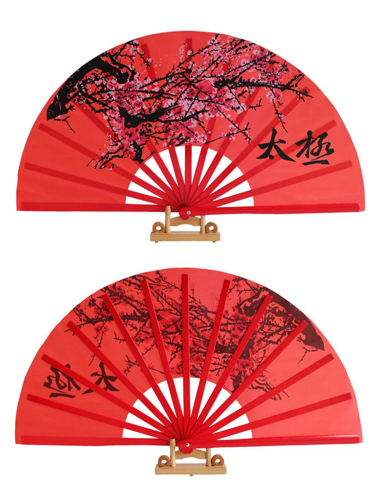 Chinese Tai Chi Kung Fu Fan Classical Bamboo Ribs Plum Blossom Hand Fan Chinese Red Art Performance Folk Dance Folding Ring Fan