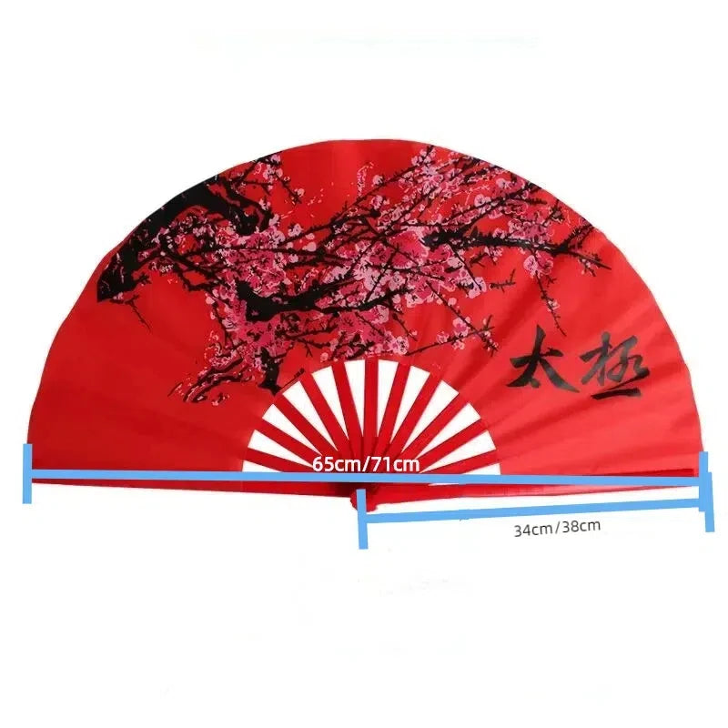 Chinese Tai Chi Kung Fu Fan Classical Bamboo Ribs Plum Blossom Hand Fan Chinese Red Art Performance Folk Dance Folding Ring Fan