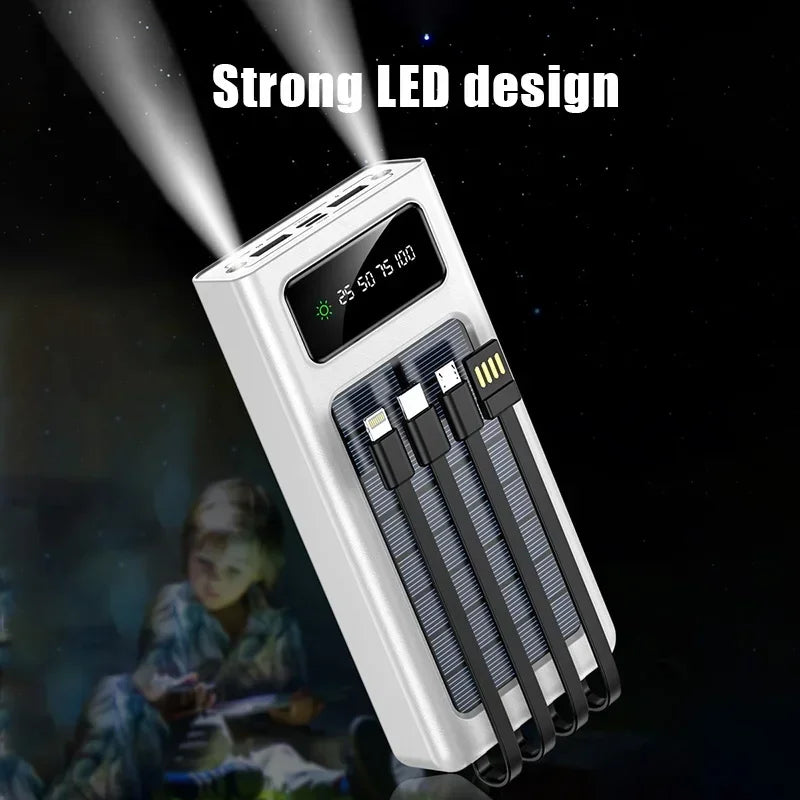 200000mAh Solar Power Bank Large Capacity Mobile Power Fast Charging Battery With Dual USB 4 Cables For iPhone Samsung