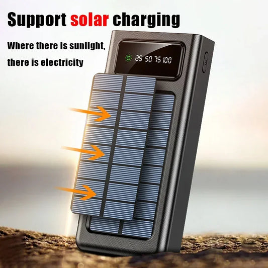 200000mAh Solar Power Bank Large Capacity Mobile Power Fast Charging Battery With Dual USB 4 Cables For iPhone Samsung