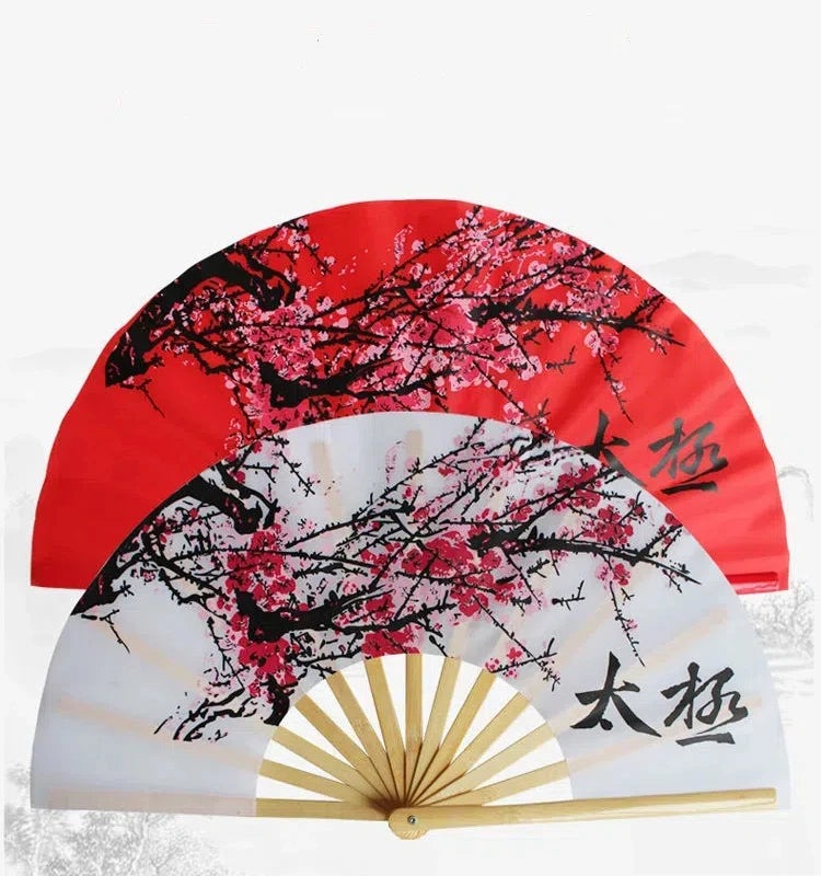 Chinese Tai Chi Kung Fu Fan Classical Bamboo Ribs Plum Blossom Hand Fan Chinese Red Art Performance Folk Dance Folding Ring Fan