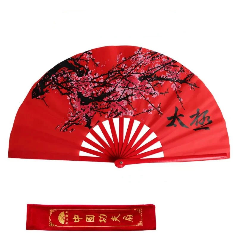 Chinese Tai Chi Kung Fu Fan Classical Bamboo Ribs Plum Blossom Hand Fan Chinese Red Art Performance Folk Dance Folding Ring Fan