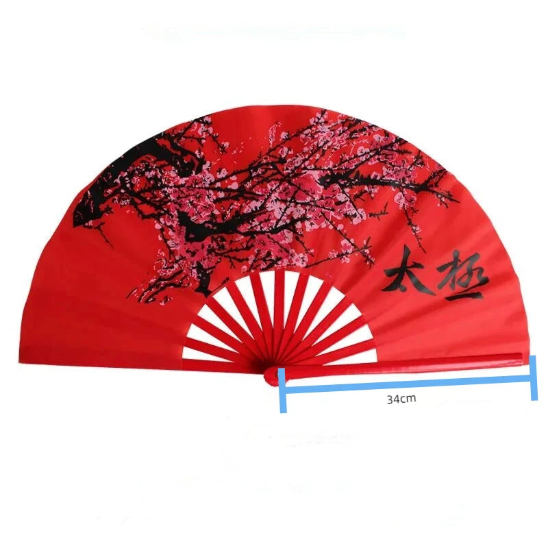 Chinese Tai Chi Kung Fu Fan Classical Bamboo Ribs Plum Blossom Hand Fan Chinese Red Art Performance Folk Dance Folding Ring Fan